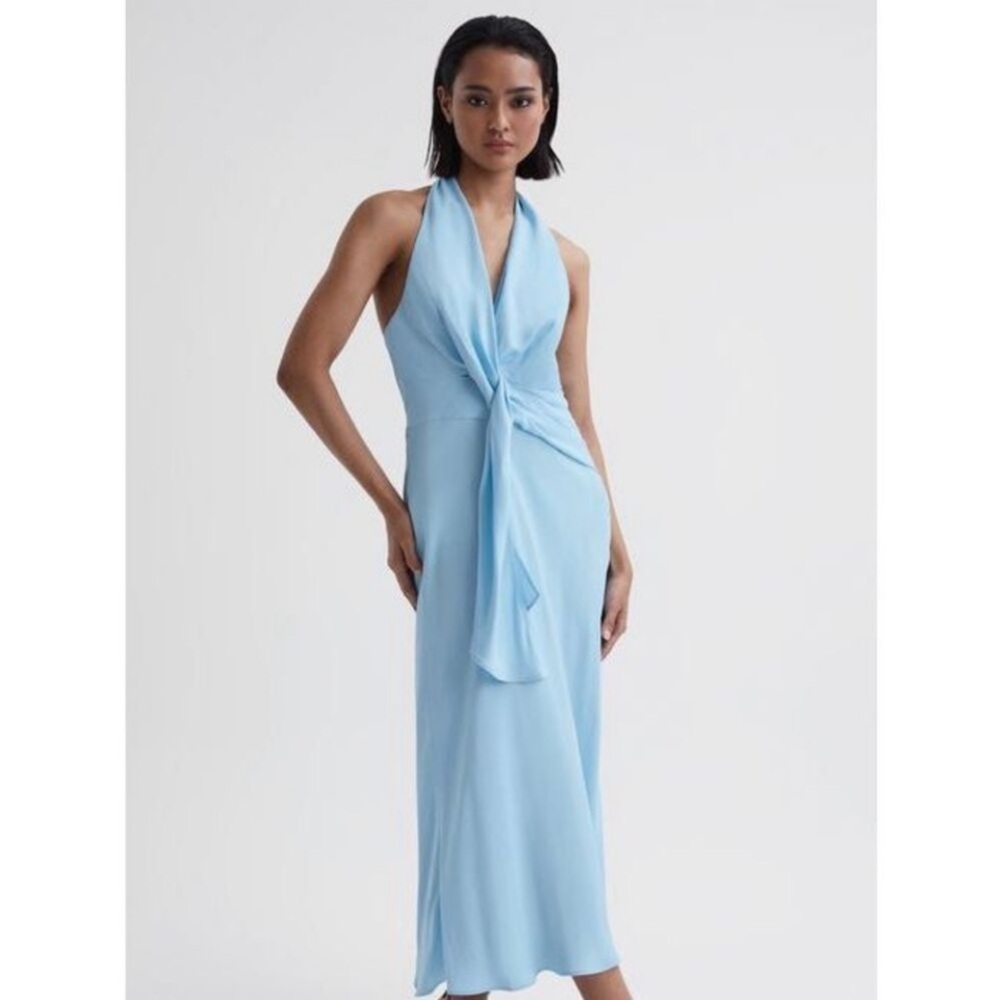 REISS AMBER HALTER NECK TIE DETAIL SILKY BLUE MIDI DRESS Size 6 NWT